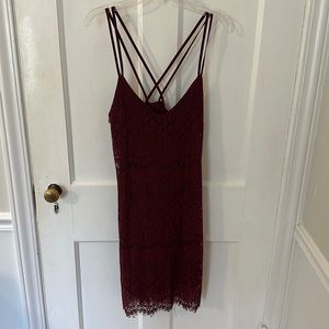 Miami cranberry lace shift dress with cross back detail